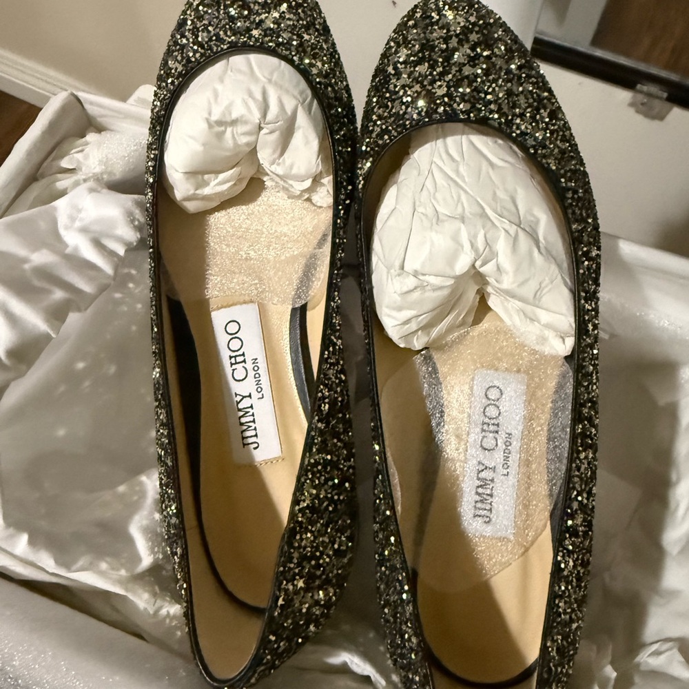 Jimmy Choo Gold Glitter Flats